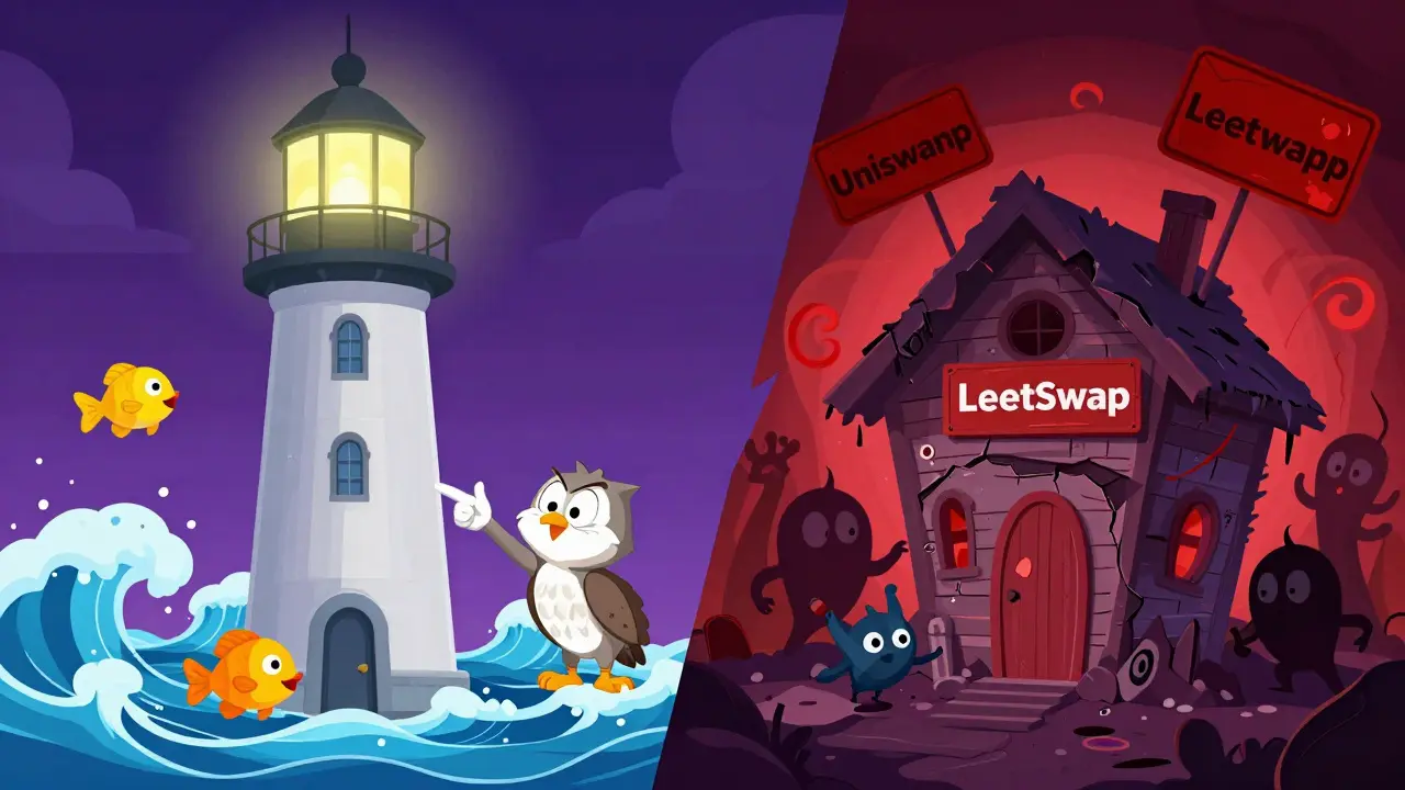 Safe DEX lighthouse vs dangerous LeetSwap shack in cartoon style