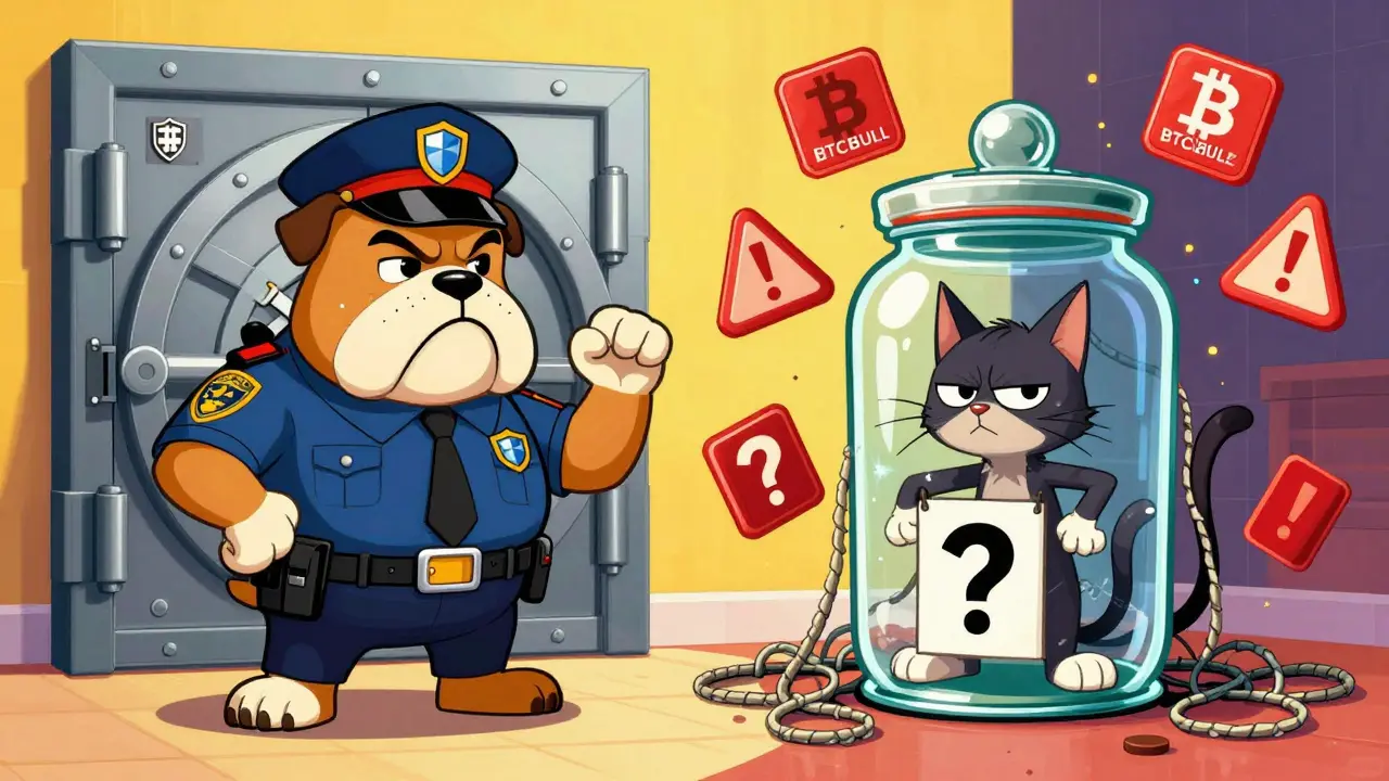 Split scene: secure bulldog at vault vs nervous cat trapped in risky token jar