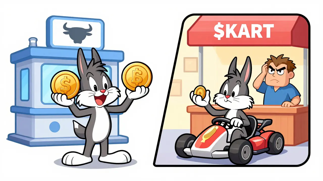 Split screen showing tradable coins vs non-tradable game points