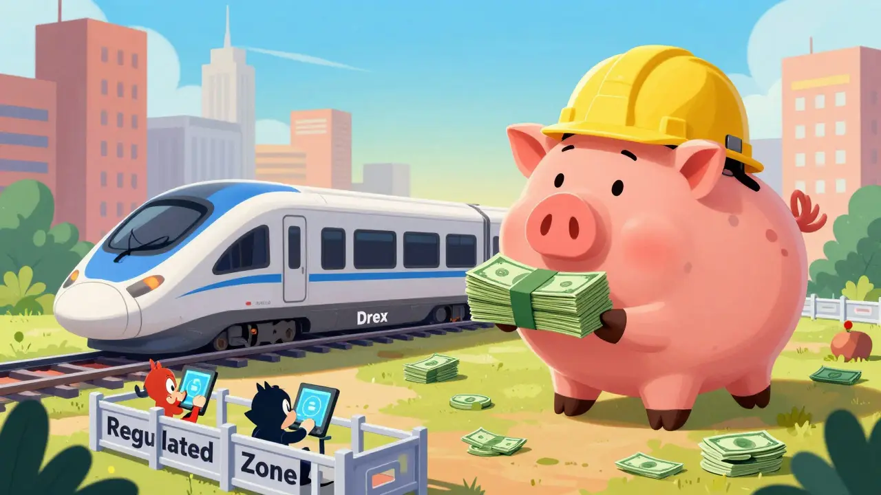 Stablecoin piggy bank and Drex train track in cartoon style