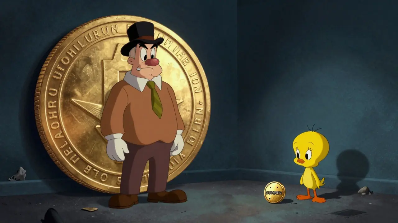 Tiny forgotten token sitting in shadows while major cryptos shine brightly nearby.