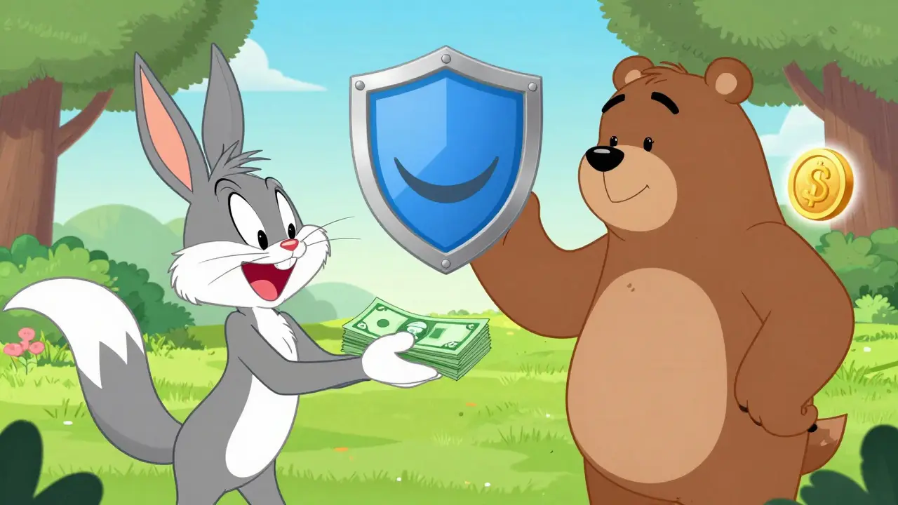Two cartoon animals exchanging cash and crypto coins under a protective shield