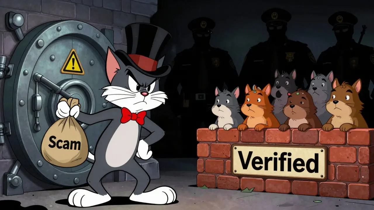 Villainous cartoon cat sneaking near a scam vault while others stay safe