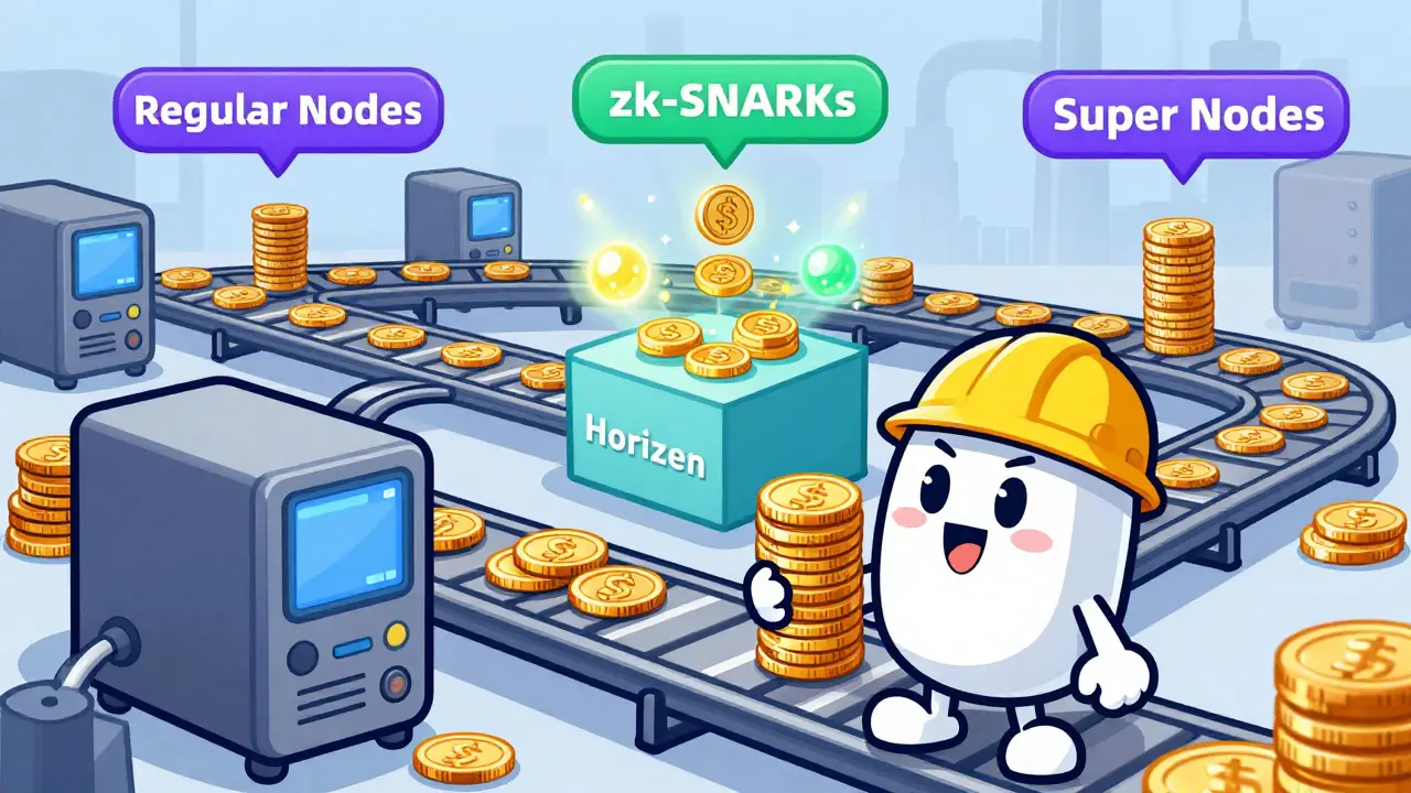 Whimsical factory scene illustrating Horizen's node hierarchy and privacy tech.