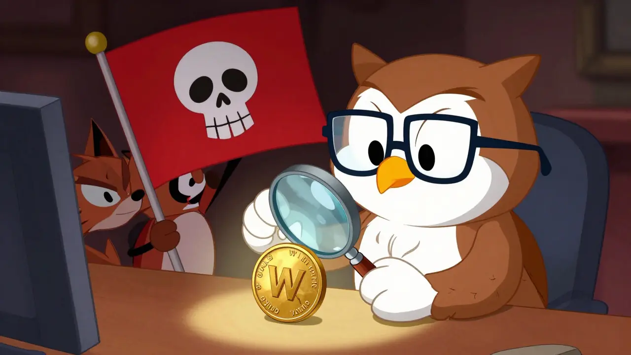 Wise owl checking token safety while fox tries to trick with red flag
