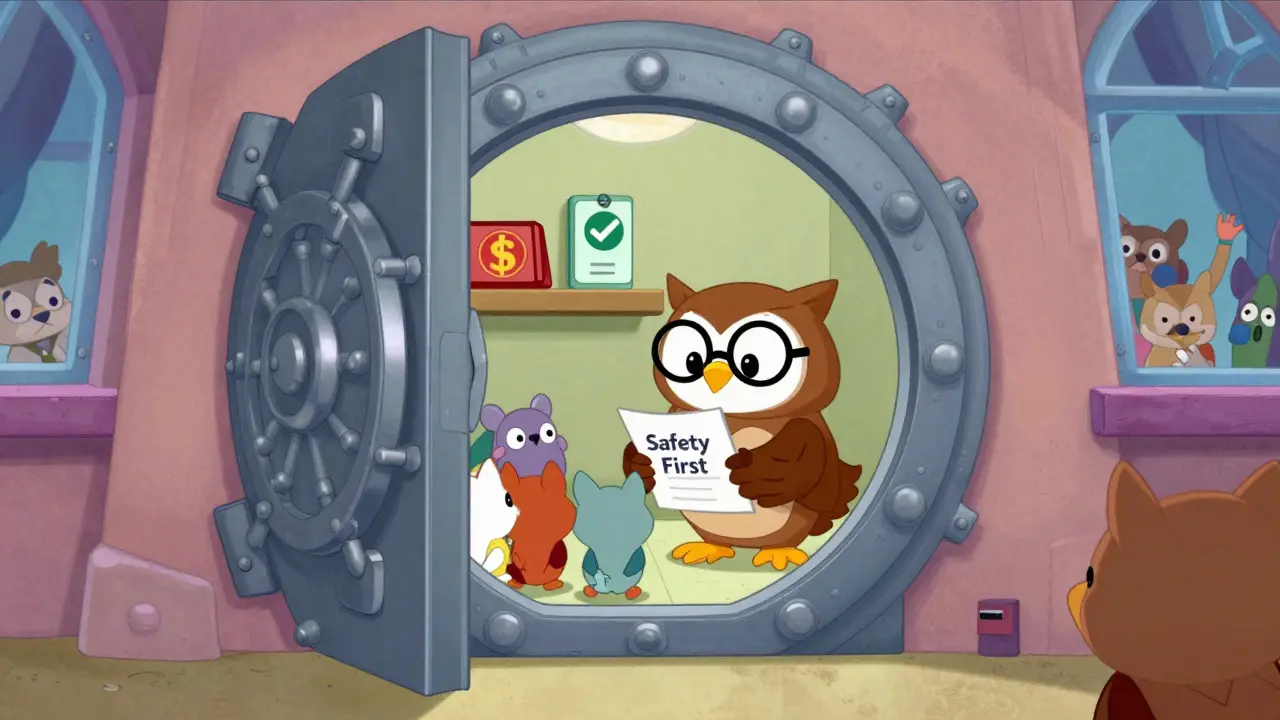 Wise owl teaching animals about crypto safety inside a secure vault