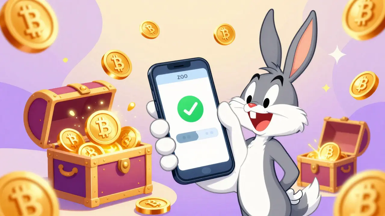 A character celebrating with floating tokens and opening treasure chests.