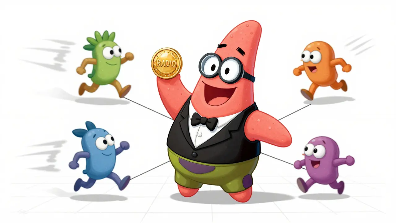 Anthropomorphic starfish holding RADIO token, illustrating Starfish Topology