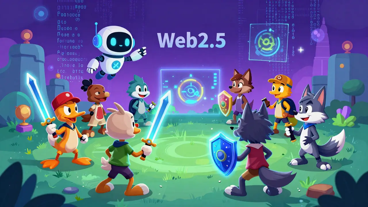 Cartoon animals playing a metaverse game with glowing digital items