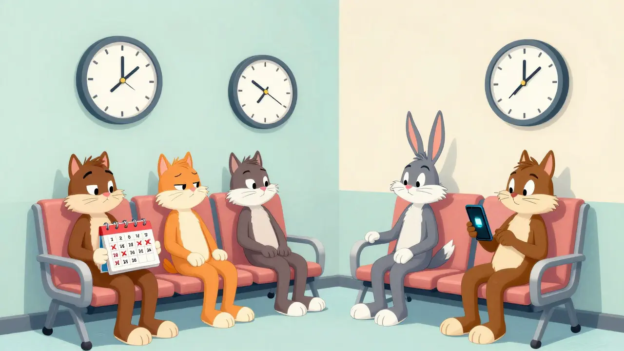 Cartoon animals waiting impatiently in a room with a broken clock, symbolizing delay