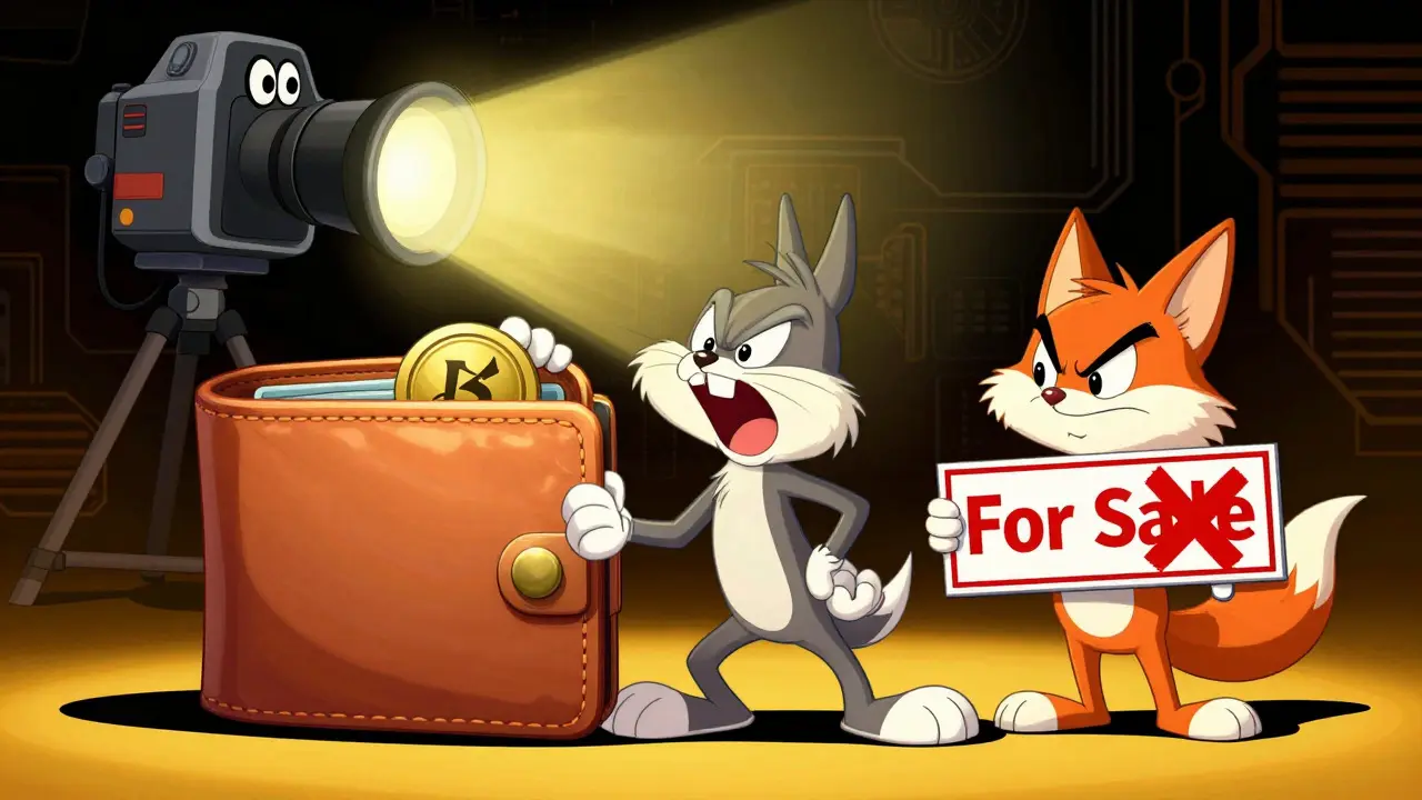Cartoon character hiding NFT from snapshot camera while another sells
