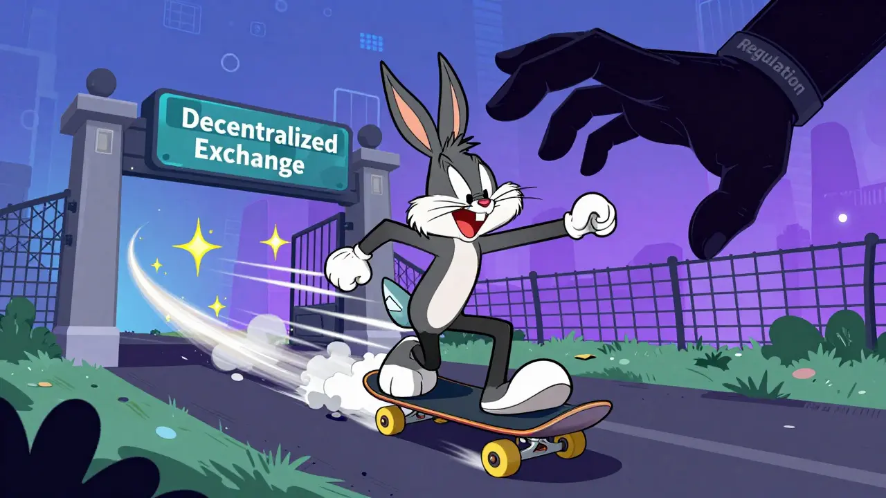 Cartoon character racing on DEX while regulation hand reaches out