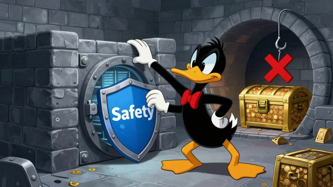 Cartoon duck protecting main crypto assets from phishing hooks