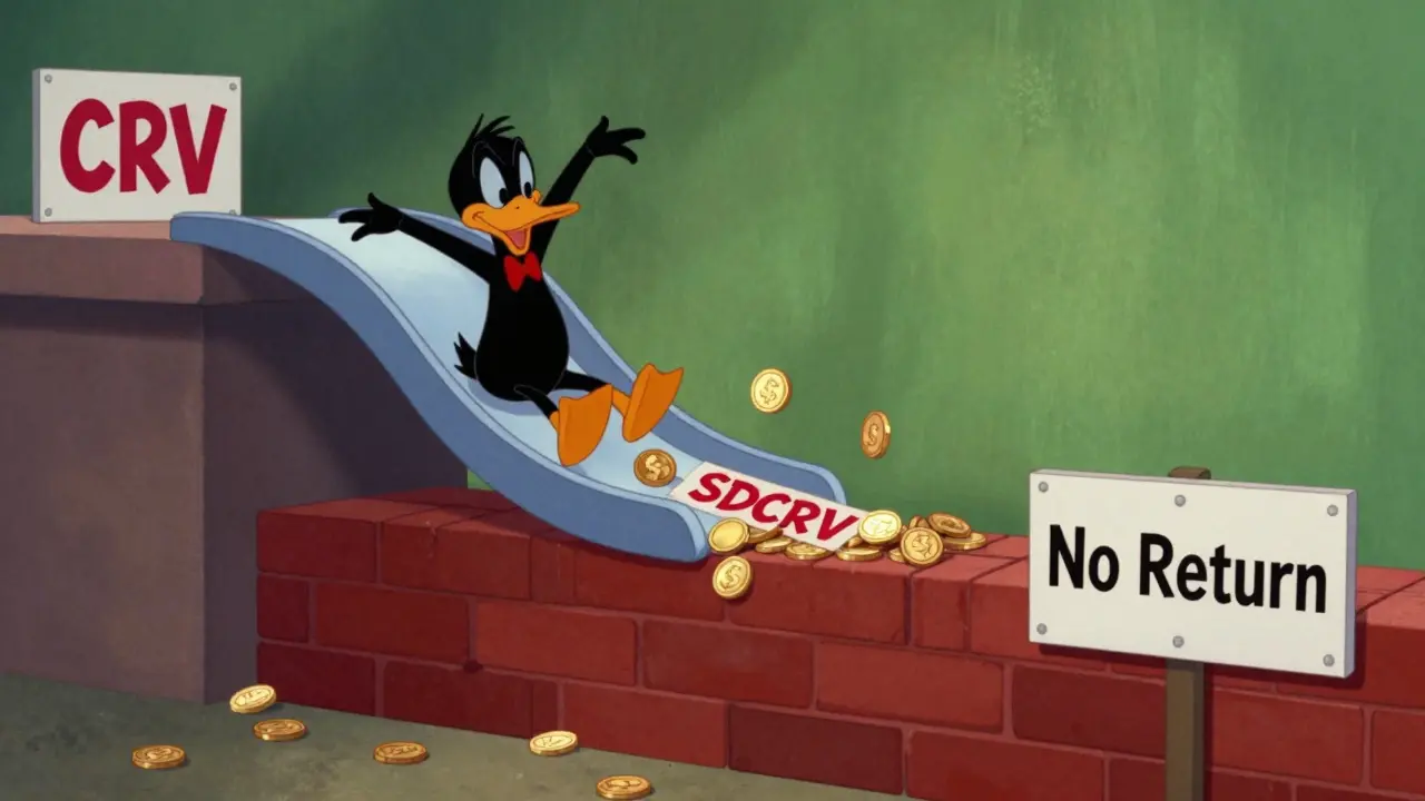 Cartoon duck sliding down one-way ramp to earn crypto rewards