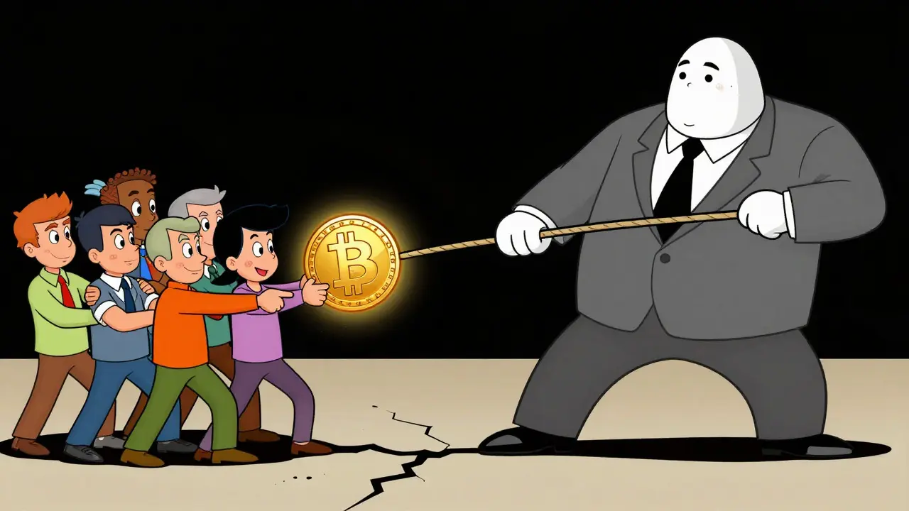 Cartoon tug-of-war between citizens holding crypto and a giant state figure