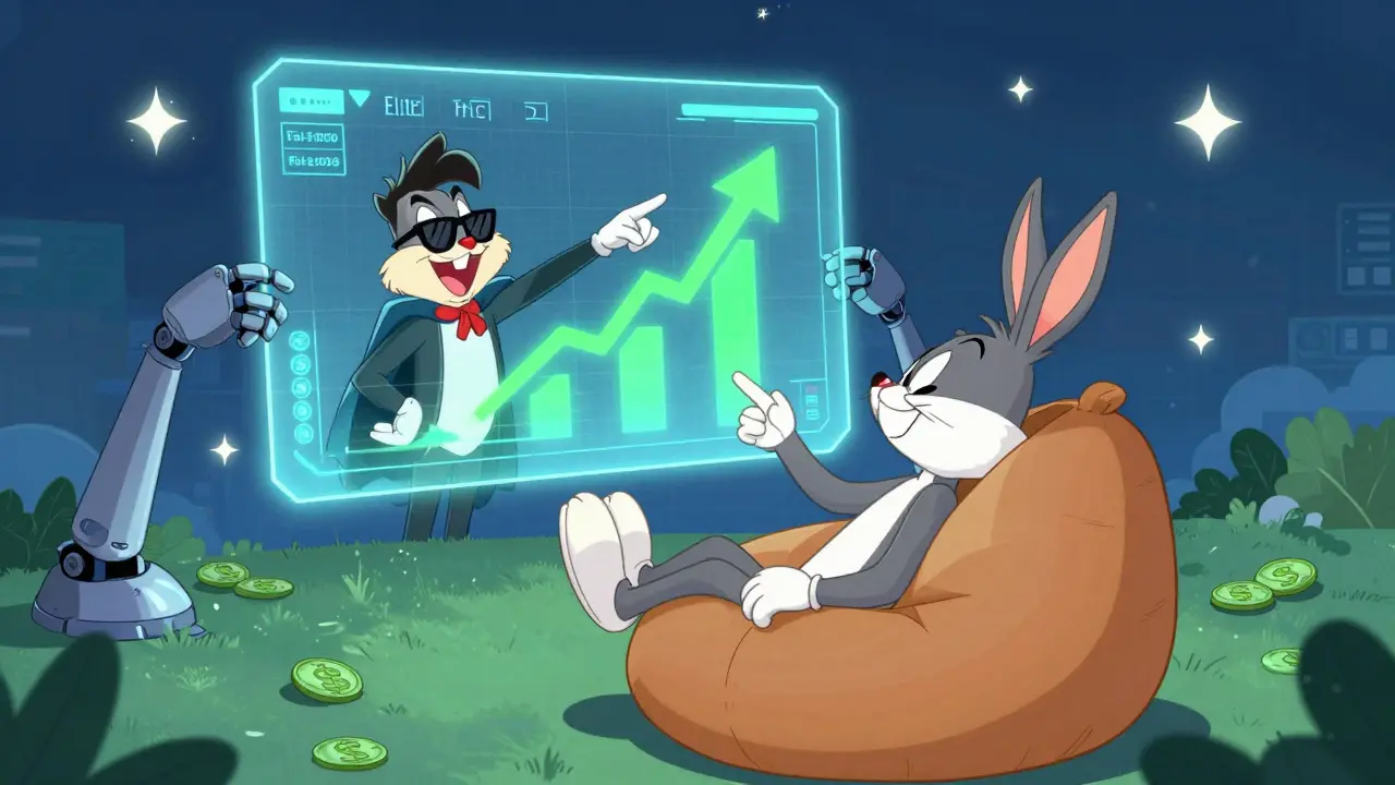 Cartoon user relaxing while copying elite trader moves via hologram screen
