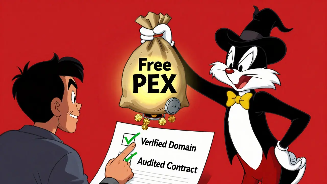 Cartoon villain offering scam tokens with hidden traps
