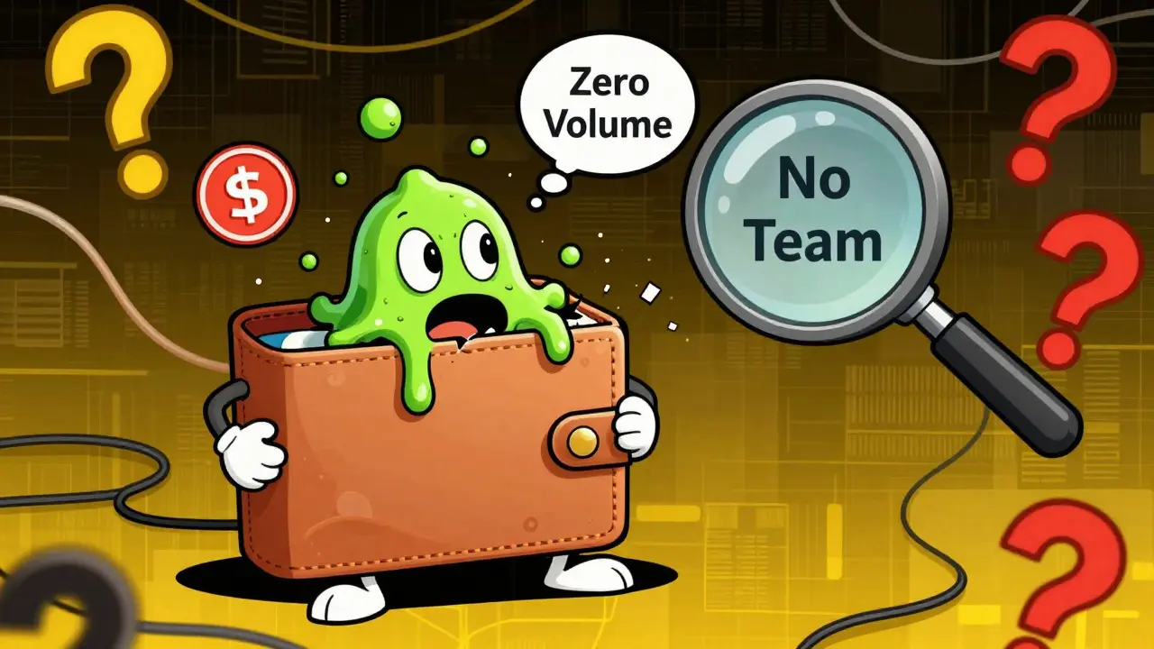 Cartoon wallet being targeted by a scam token blob with security warnings.