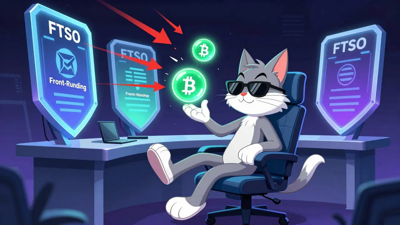Cool cat managing secure DeFi trades with FTSO protection shields