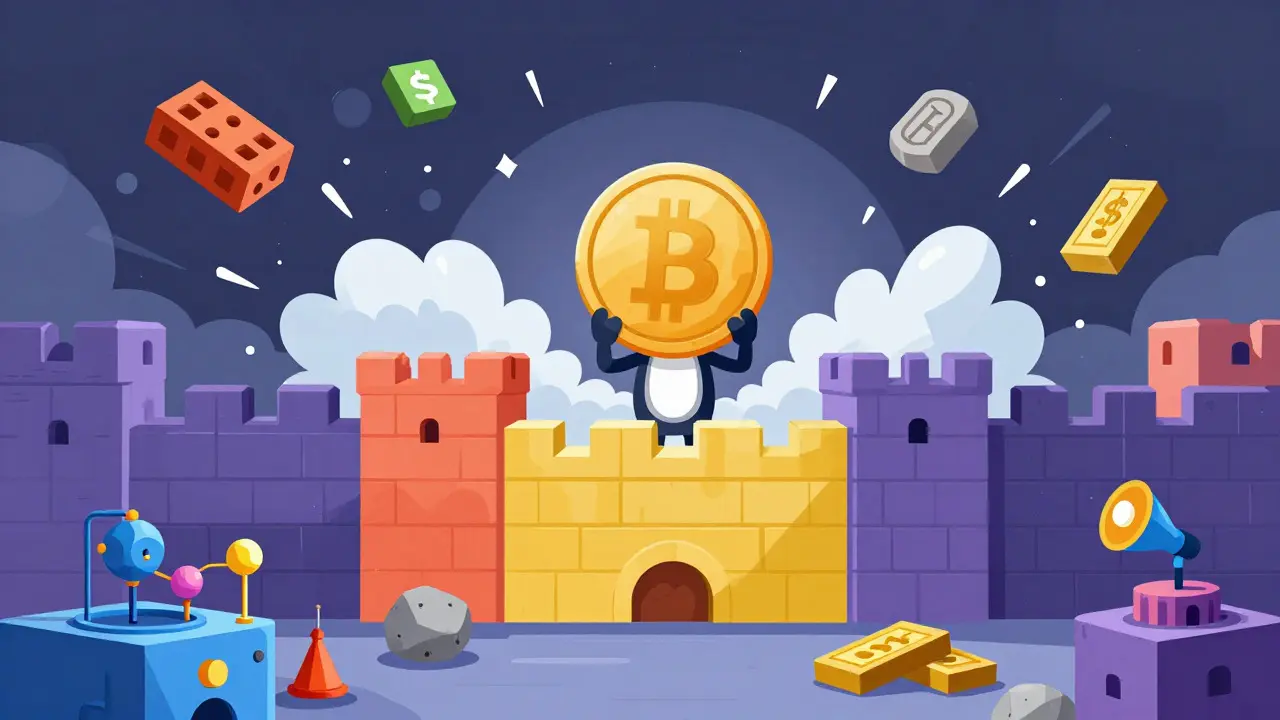 DAI coin protected by a wall of BTC, USDC, and bonds from a storm.