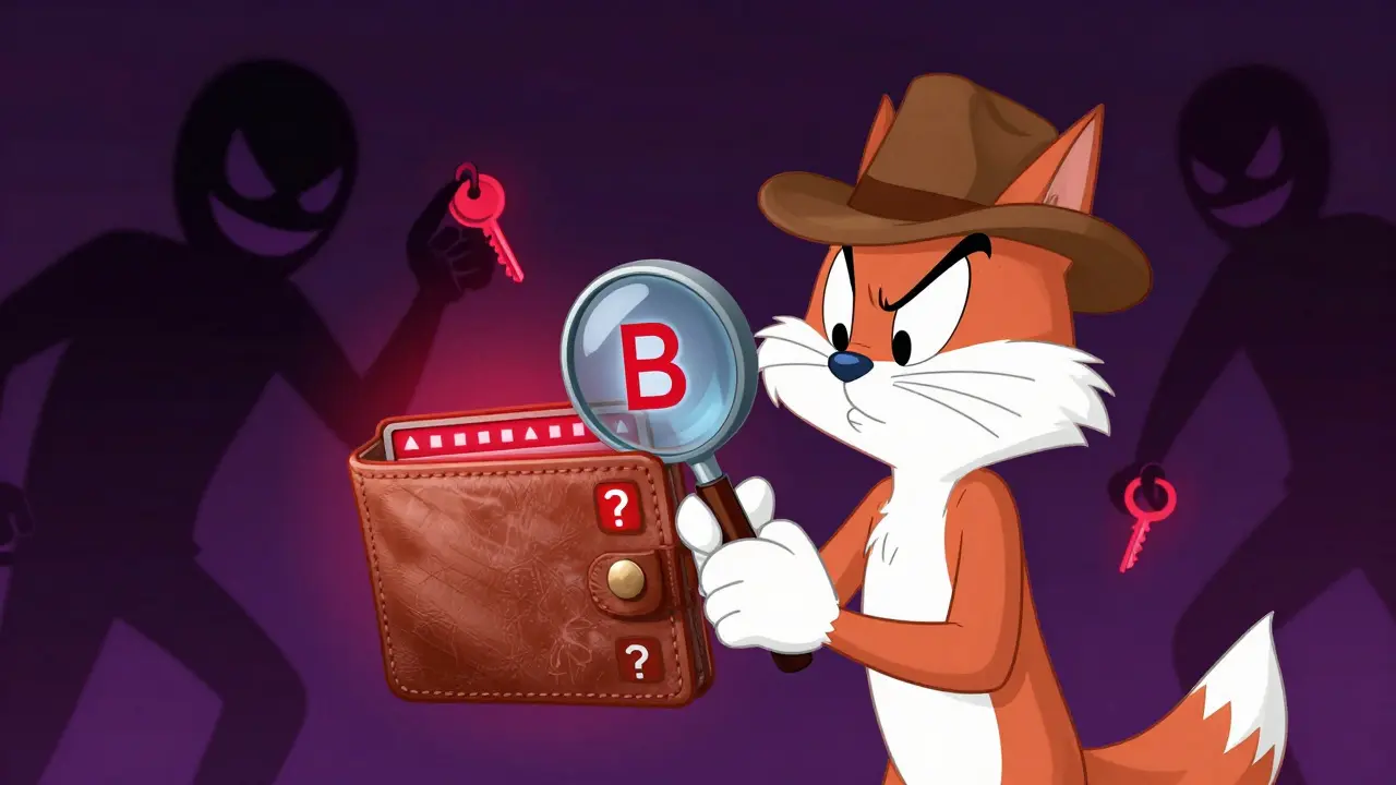 Detective cartoon character inspecting a suspicious wallet with scammer villains nearby