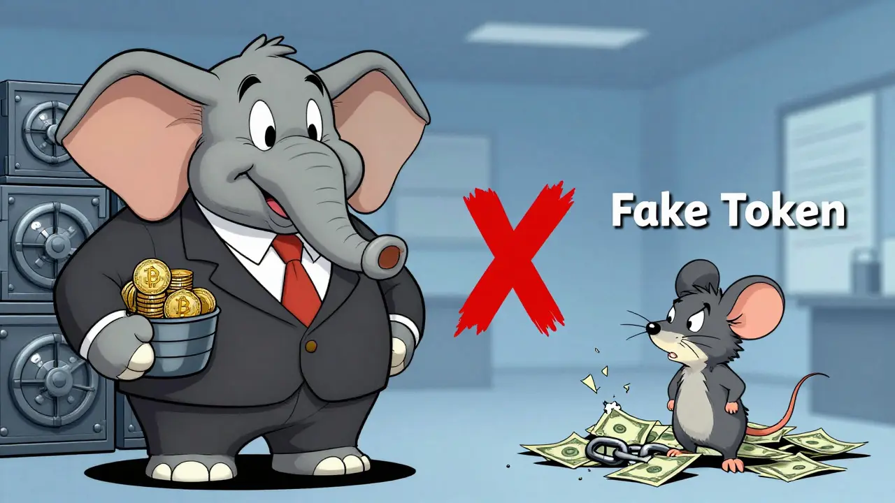 Elephant vs Mouse cartoon comparing real Grayscale assets to a fake token.