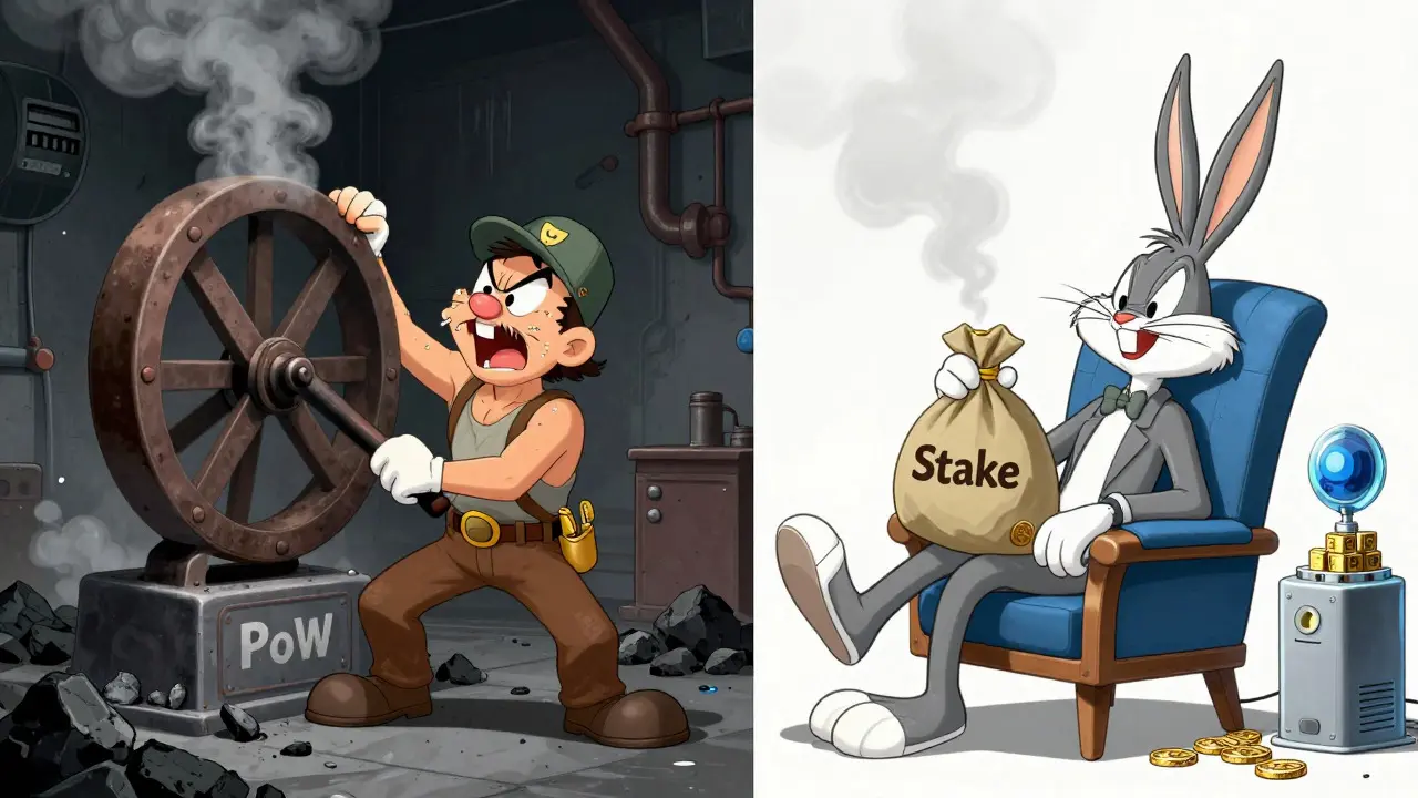 Exhausted miner vs relaxed staker comparing PoW and PoS efficiency