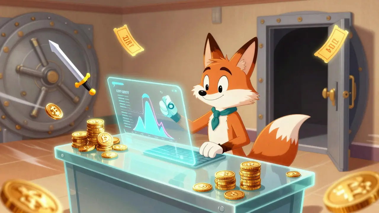 Fox character trading crypto and NFTs at a futuristic glass desk