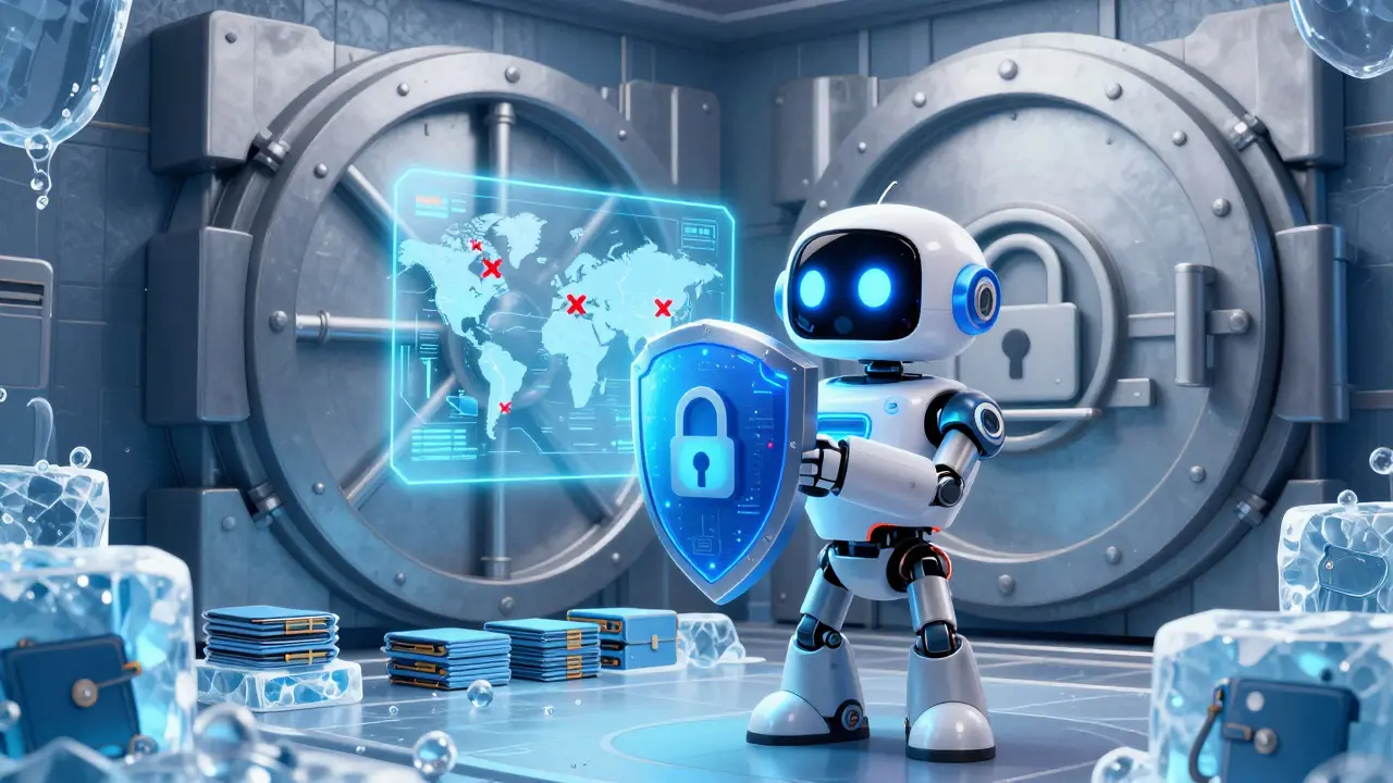 Friendly robot guarding crypto vaults and scanning global security map
