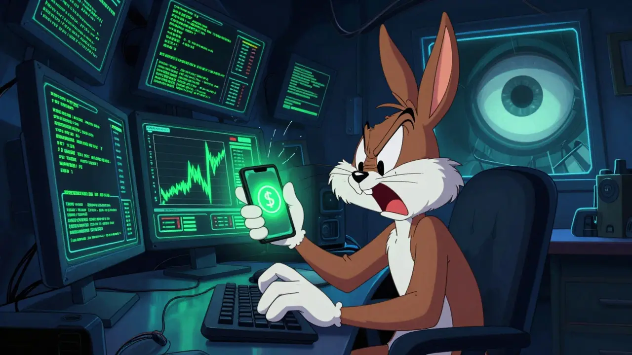 Frustrated cartoon hacker using VPNs to access crypto markets underground