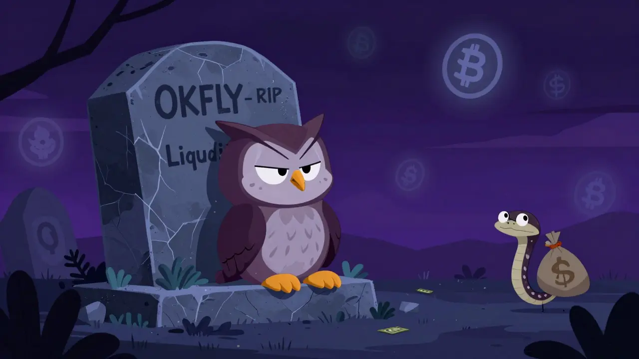 Grumpy owl wallet on OKFLY tombstone in a spooky crypto graveyard.