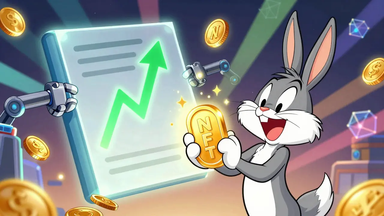 Happy creator receiving royalties via glowing NFT token