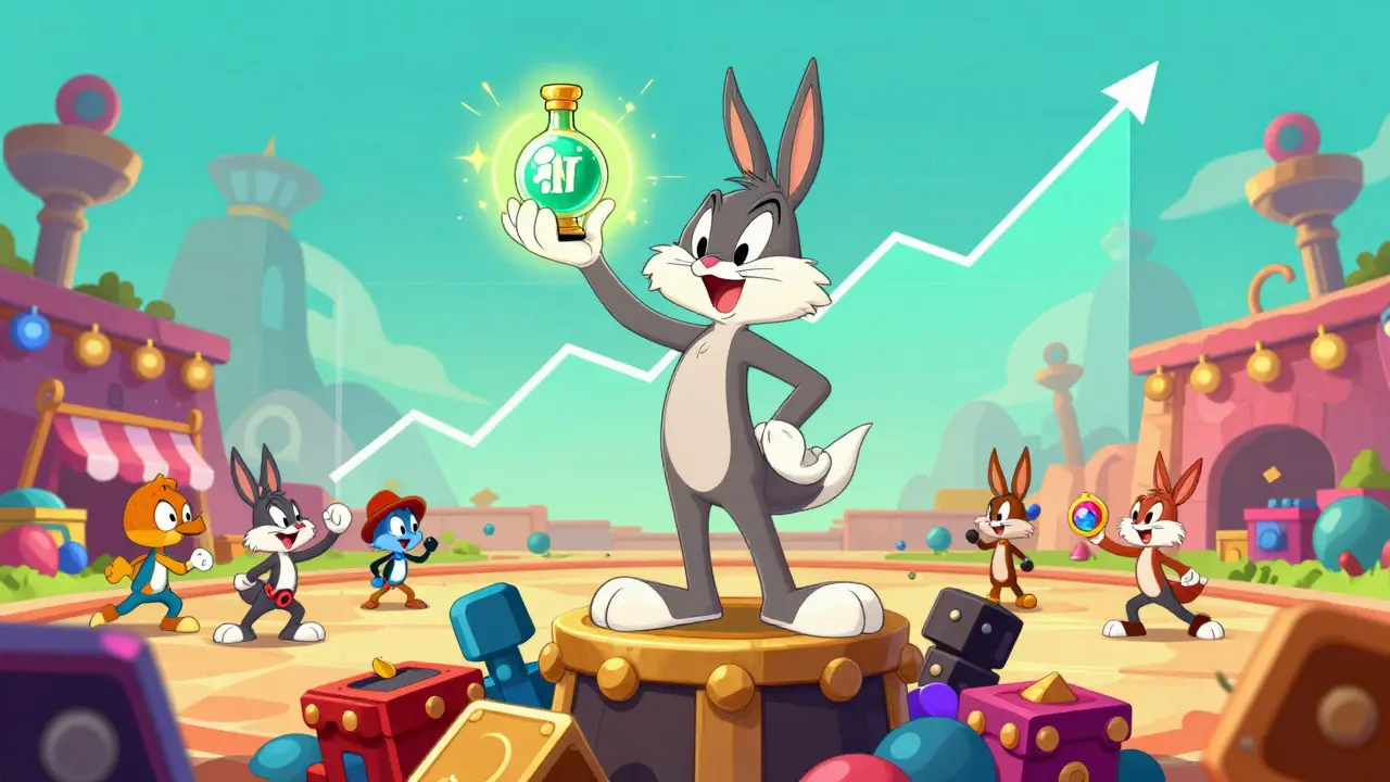 Heroic cartoon monster using potion power in Metamon battle arena