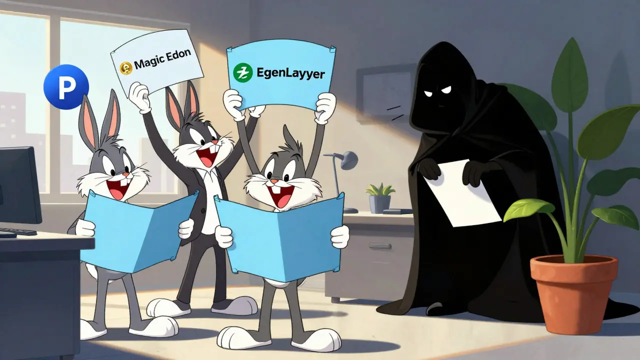 Legitimate crypto projects shine brightly while shady AFEN figure hides in shadows