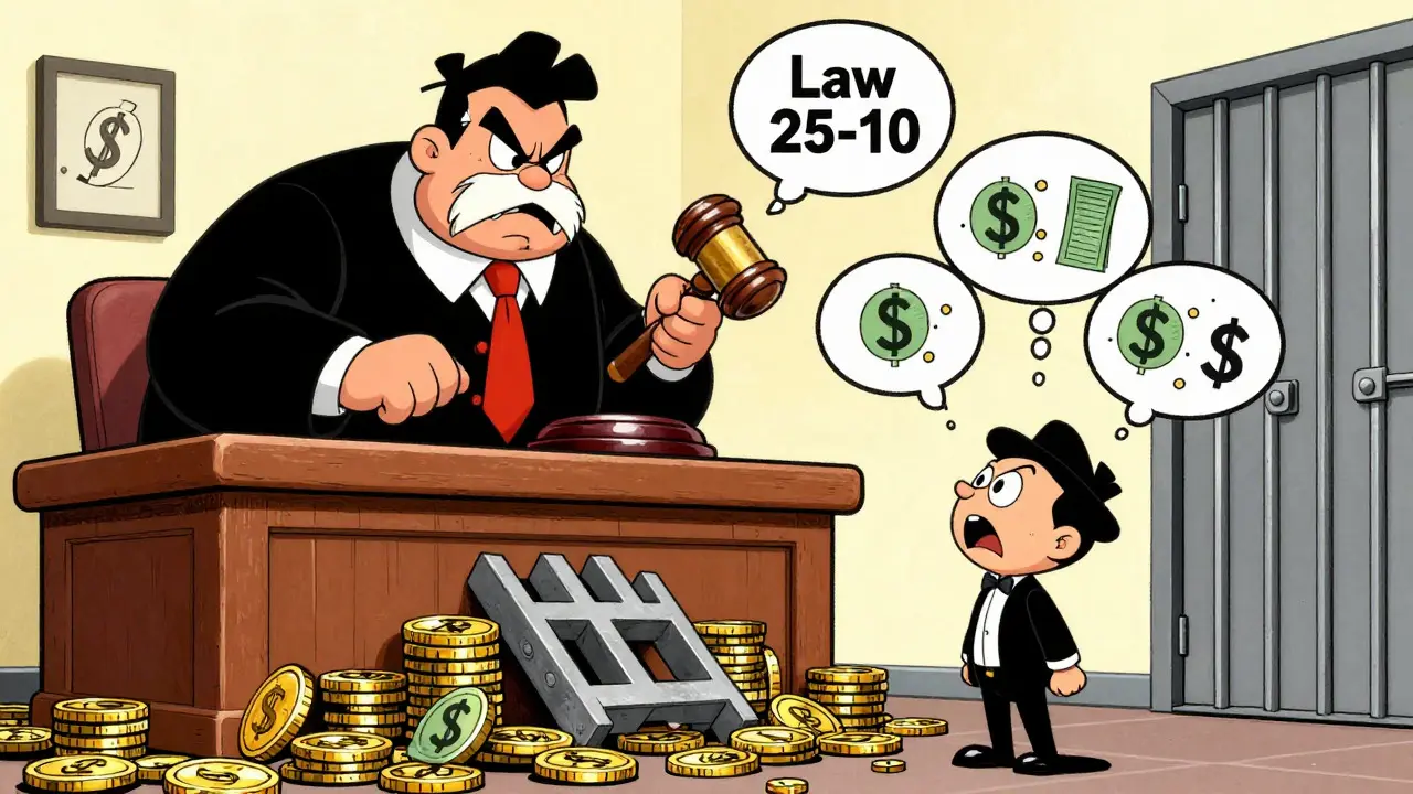Looney Tunes style judge slamming gavel on heavy fines and prison bars for crypto