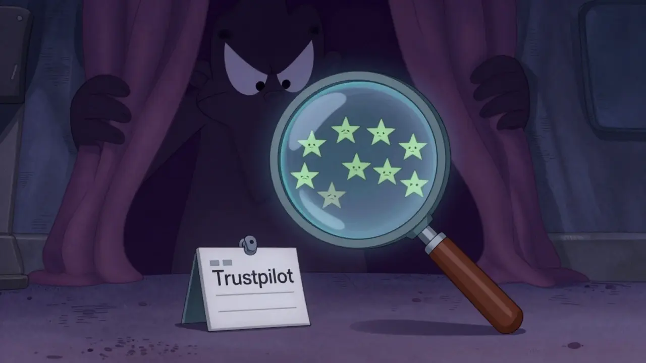 Magnifying glass revealing few sad reviews on a trust rating board