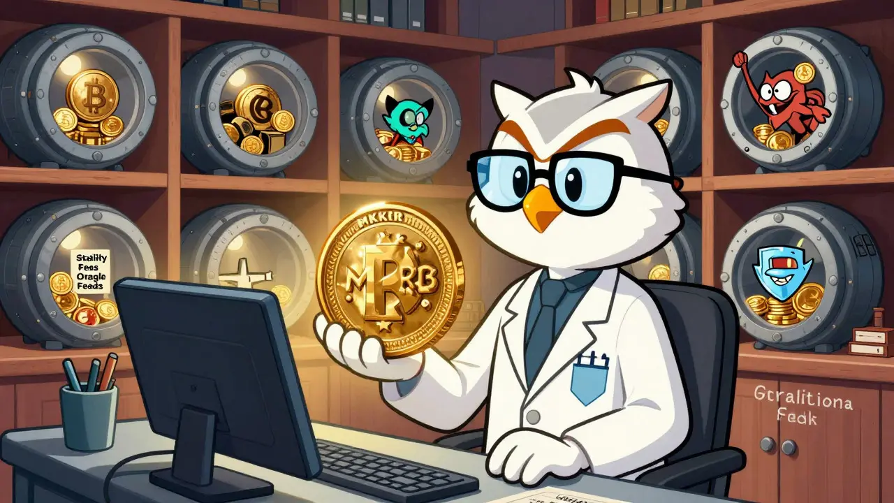 MKR owl managing DeFi vaults and blocking correlation risks.