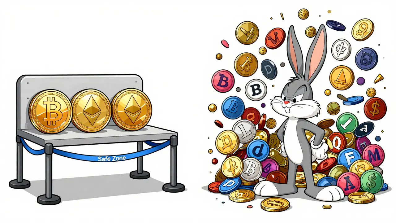 Neat crypto shelf vs chaotic pile of altcoins