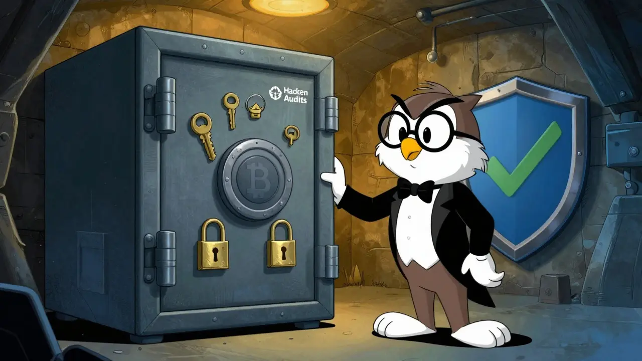 Owl guardian protecting secure crypto vault with shields