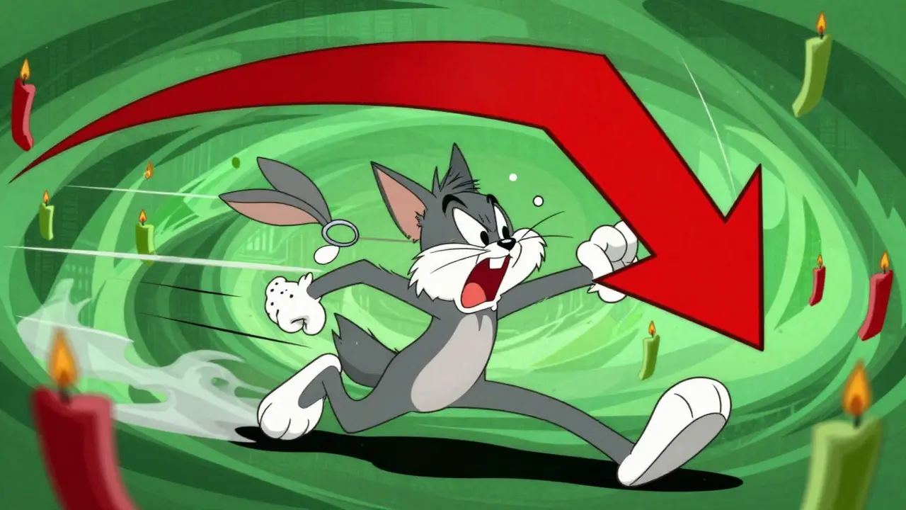 Panicked cartoon character chased by a giant red arrow, symbolizing liquidation risk