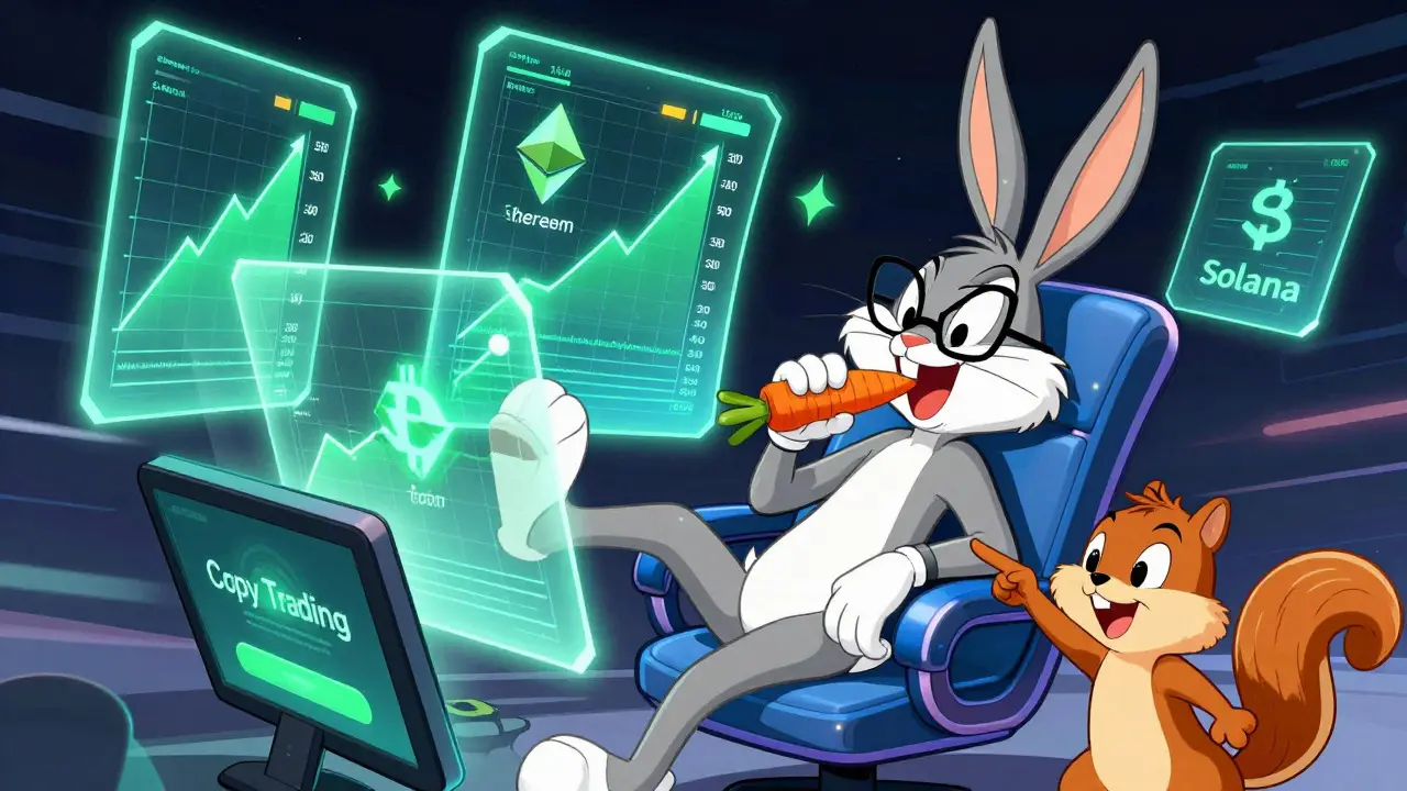 Rabbit trader watching crypto charts with copy trading