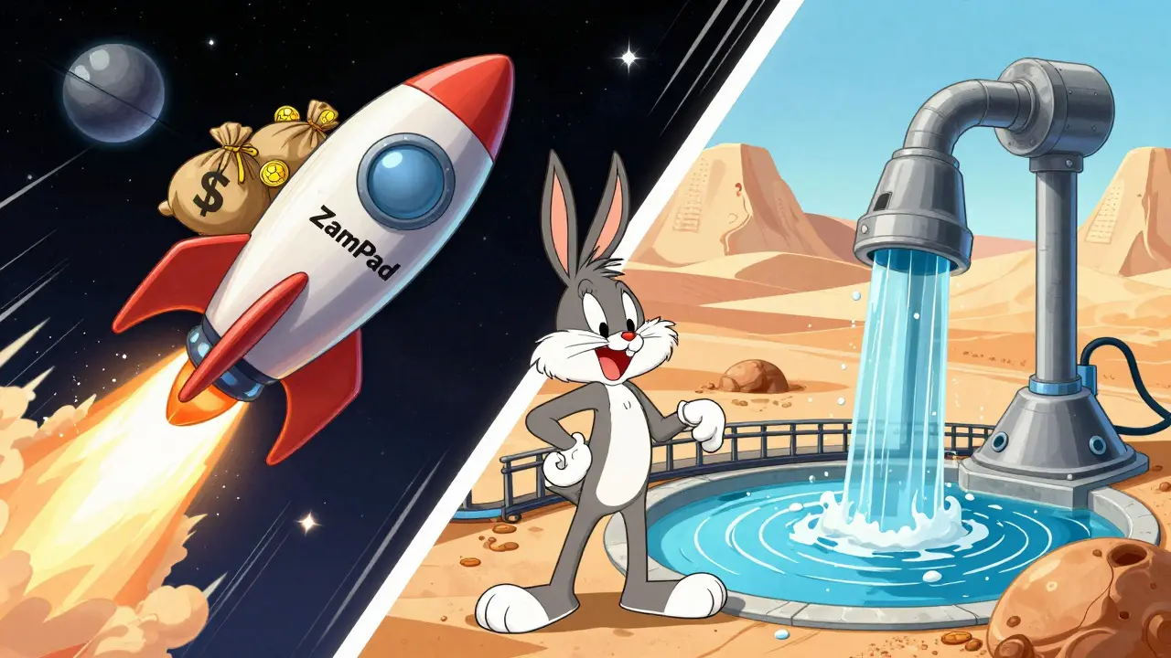 Rocket launch and charity water project in cartoon style