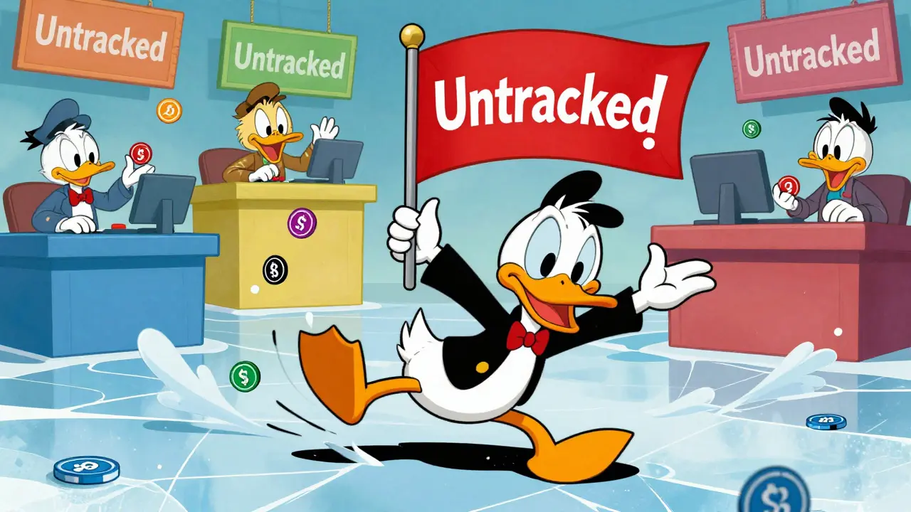 Slapstick duck slipping on ice while trading on a risky platform