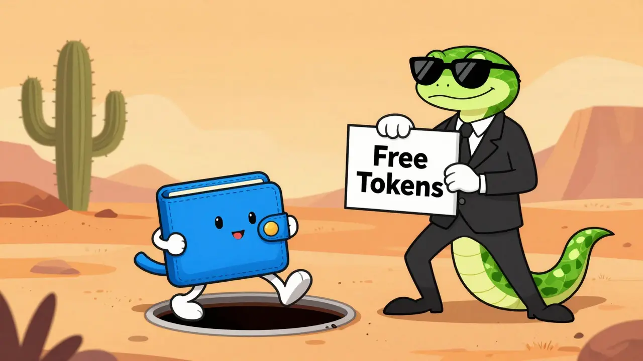 Snake-like scammer tricks a cartoon wallet into a trapdoor under a free token sign
