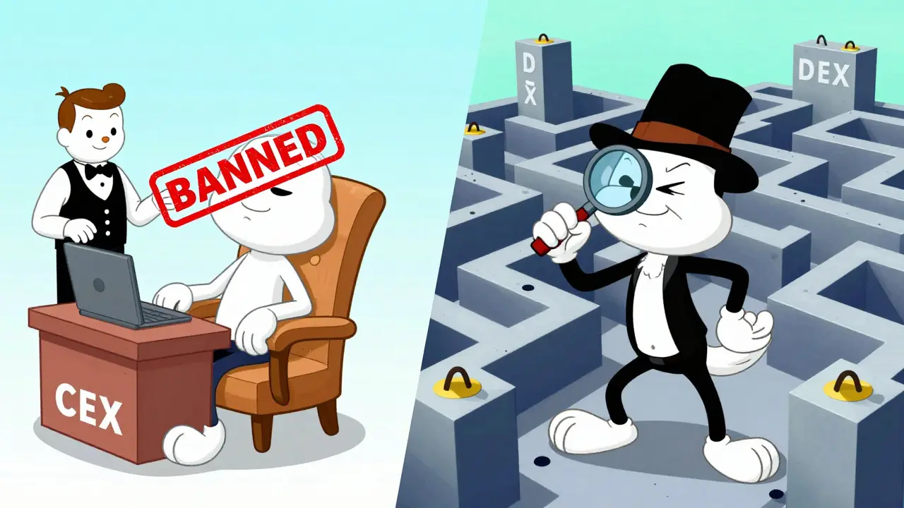Split screen comparing CEX comfort vs DEX risk in cartoon style