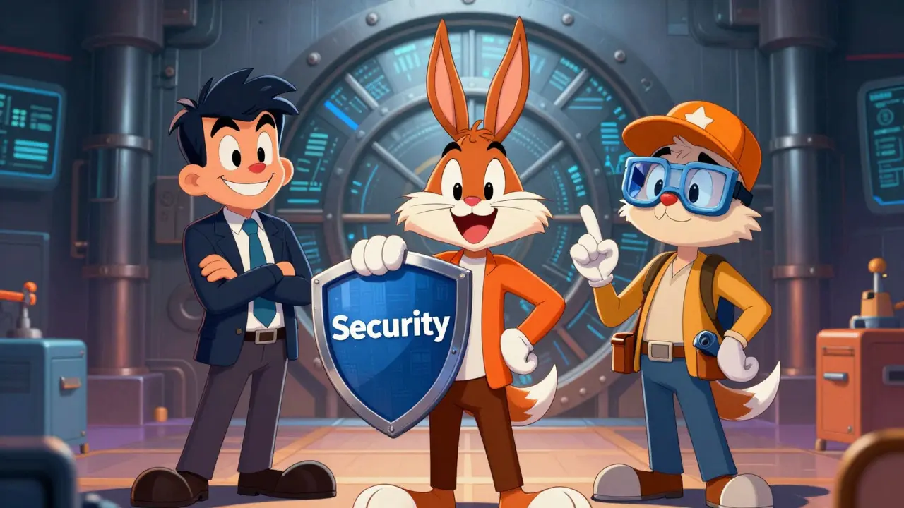 Three stylized cartoon leaders standing guard over a secure digital vault.