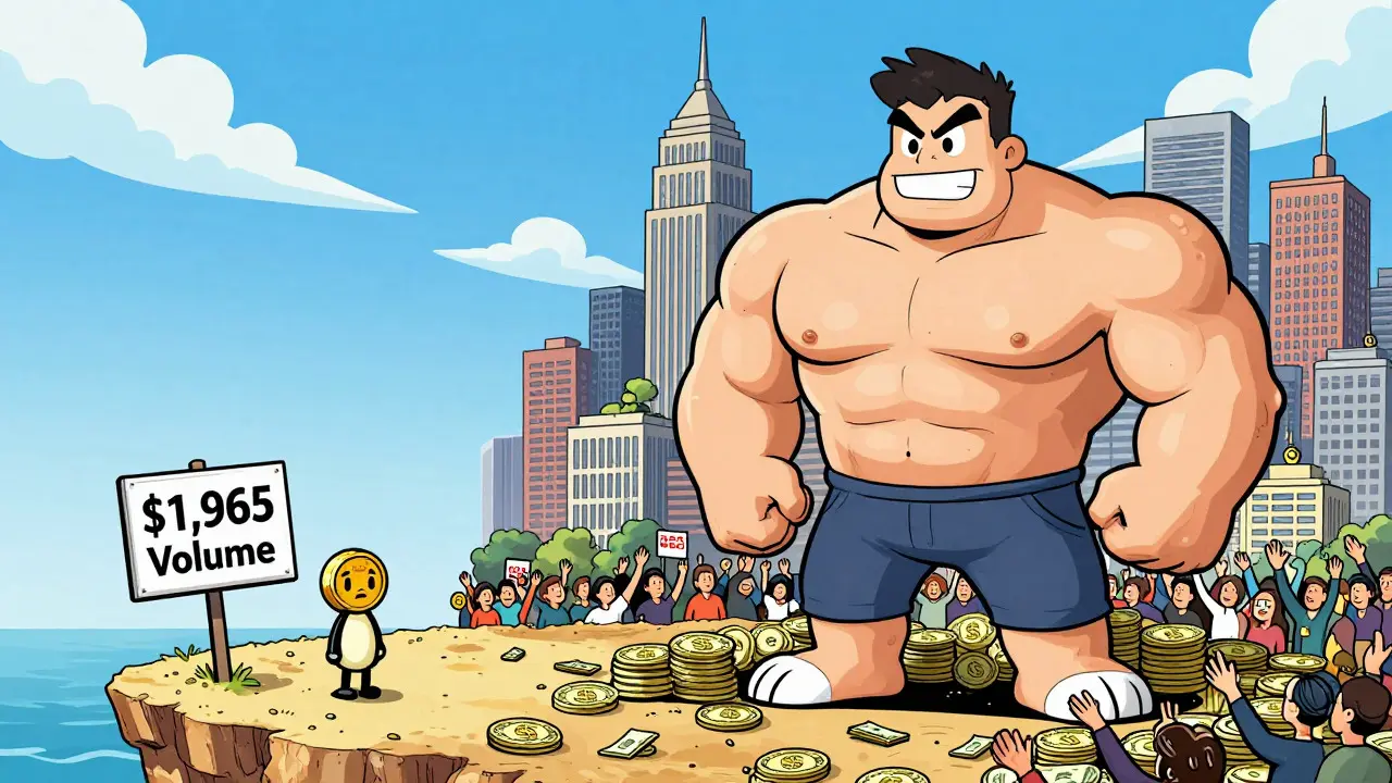 Tiny RADIO token vs giant PancakeSwap character showing volume disparity
