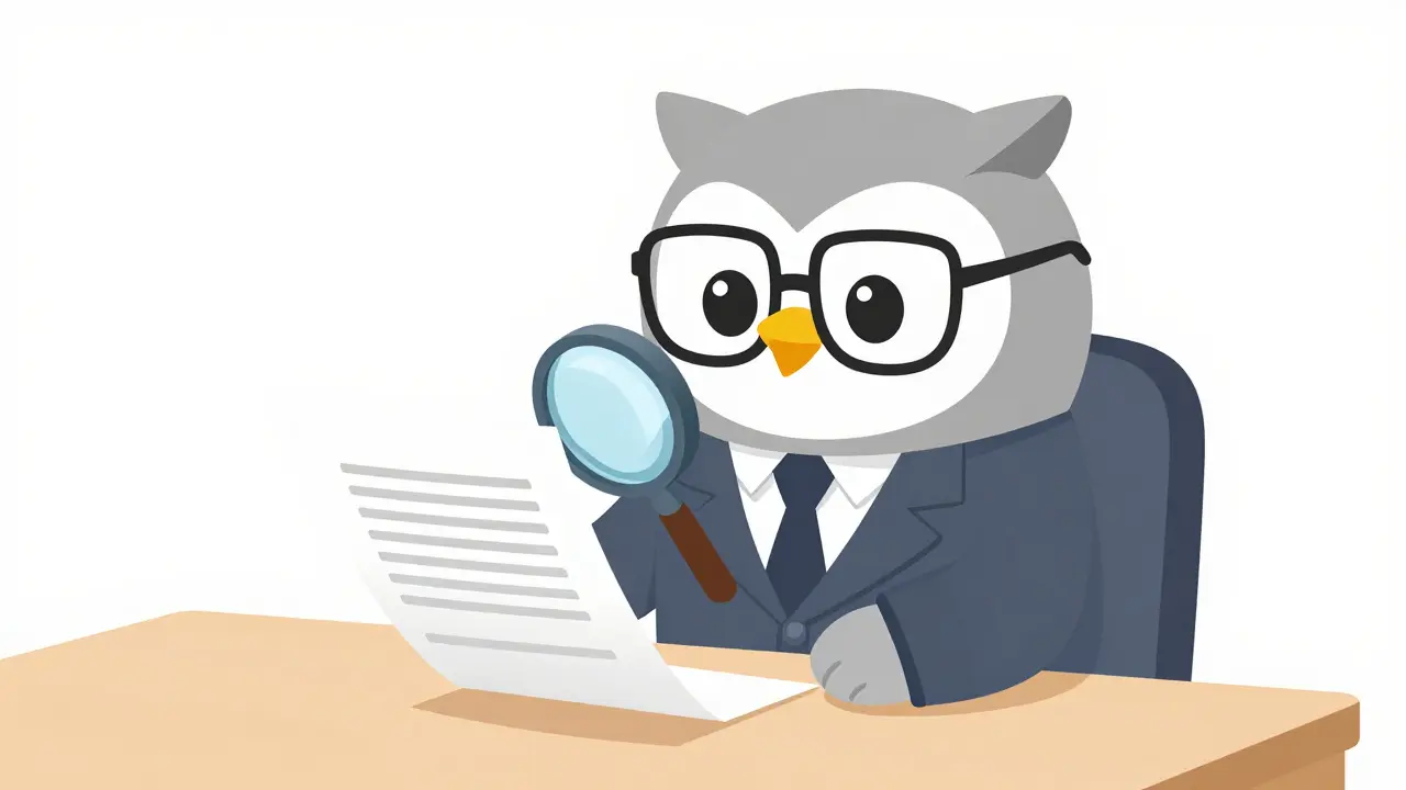 Wise owl character examining a contract, representing safe and disciplined trading