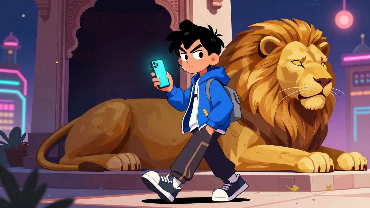 Young person sneakily using crypto app behind traditional statue
