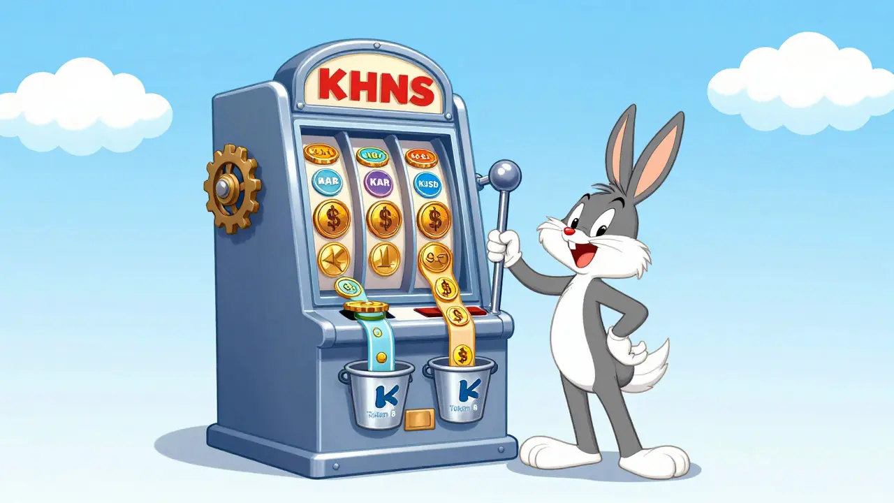 A cartoon coin operates a slot machine that dispenses colorful tokens into two buckets
